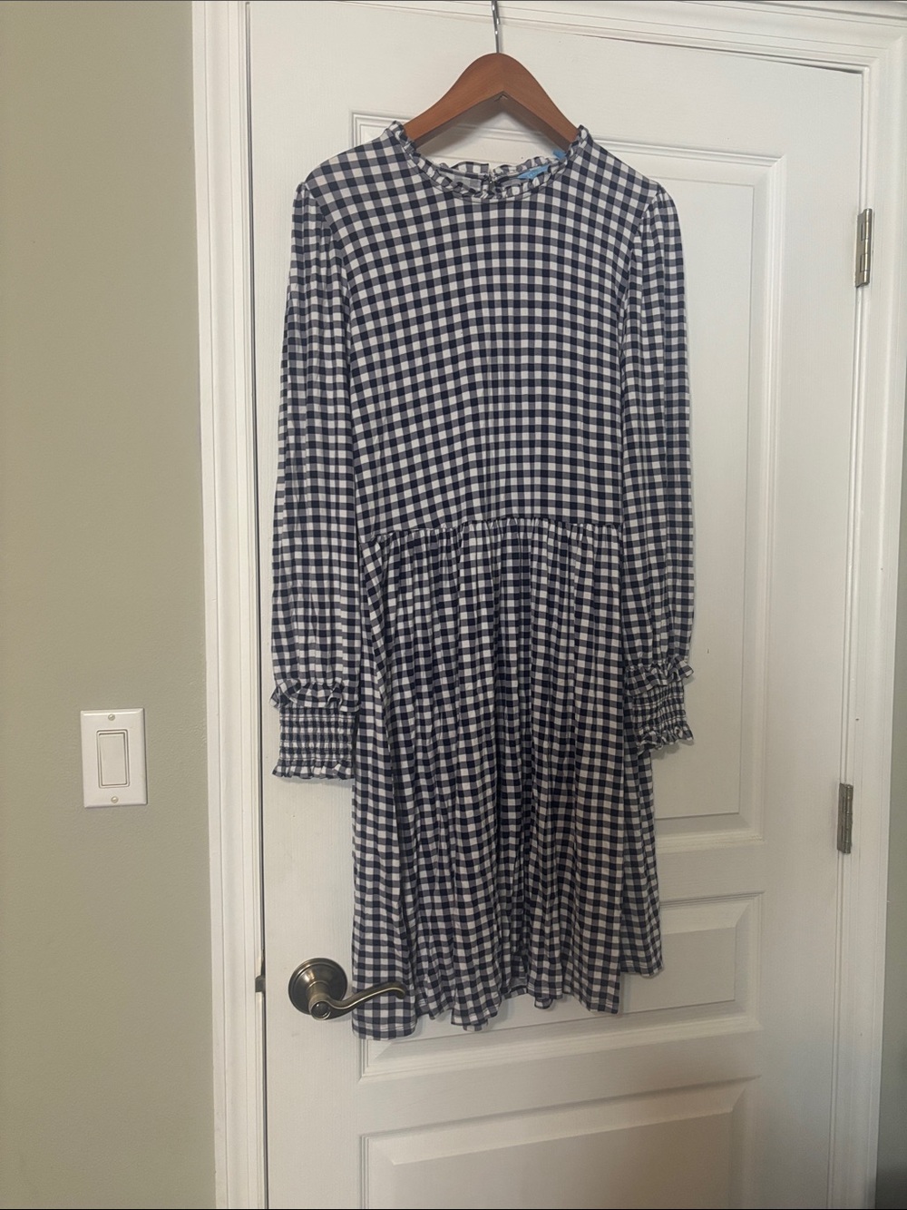 Draper James Navy and White Gingham Long-Sleeve Casual Dress